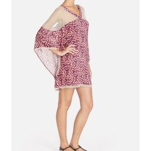 Vix Paula Hermanny Kara Vivian Caftan Swim Cover Up Pink Purple Mesh V-Neck L